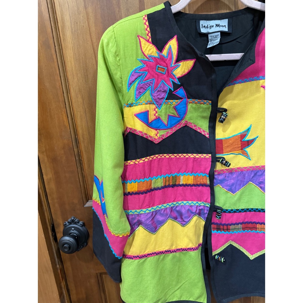 Indigo Moon Vintage Colorful Patchwork Embroidered Jacket Button Front Women's M - Picture 4 of 7
